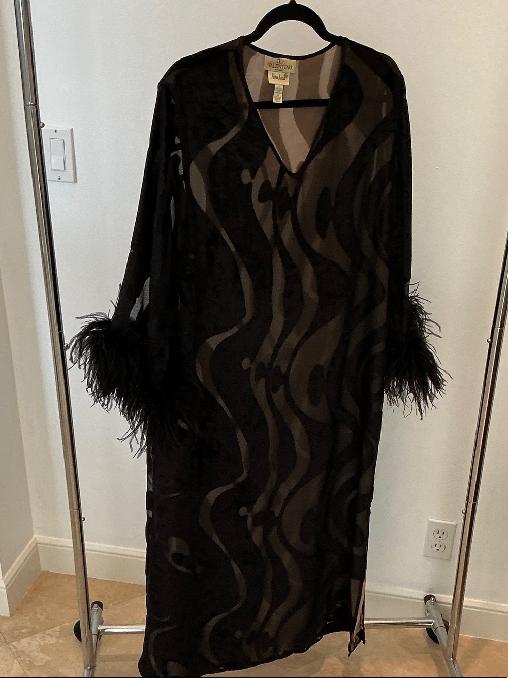 Valentino Black Sheer Maxi Dress with Feather Cuffs